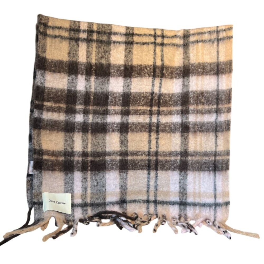 Juicy Couture Women’s Plaid Fringe Scarf 100% Polyester Brown Pink Tan - Picture 2 of 6